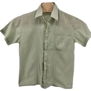 Men's Linen Guayabera Shirt Size 40 Green Cuban Embroidered Short Sleeve